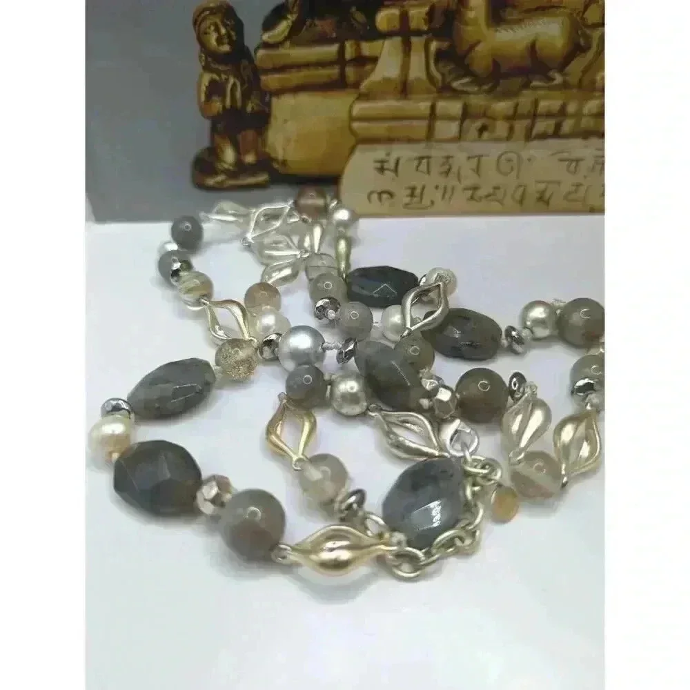 Stella & Dot Stone Metal Beaded Long Necklace Womens Jewelry Natural Muted Tones